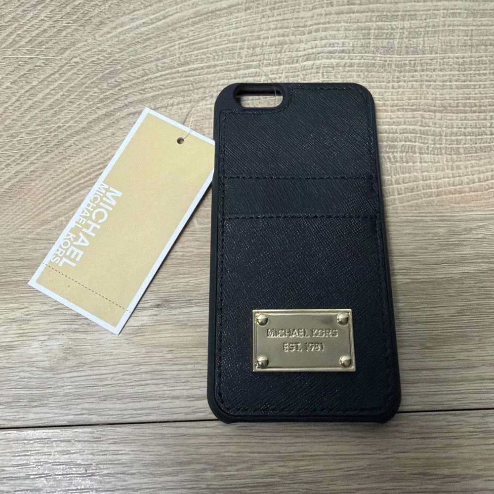 Michael Kors iPhone 6 Case Black Saffiano Card Holder Gold Logo Wallet NWT Box